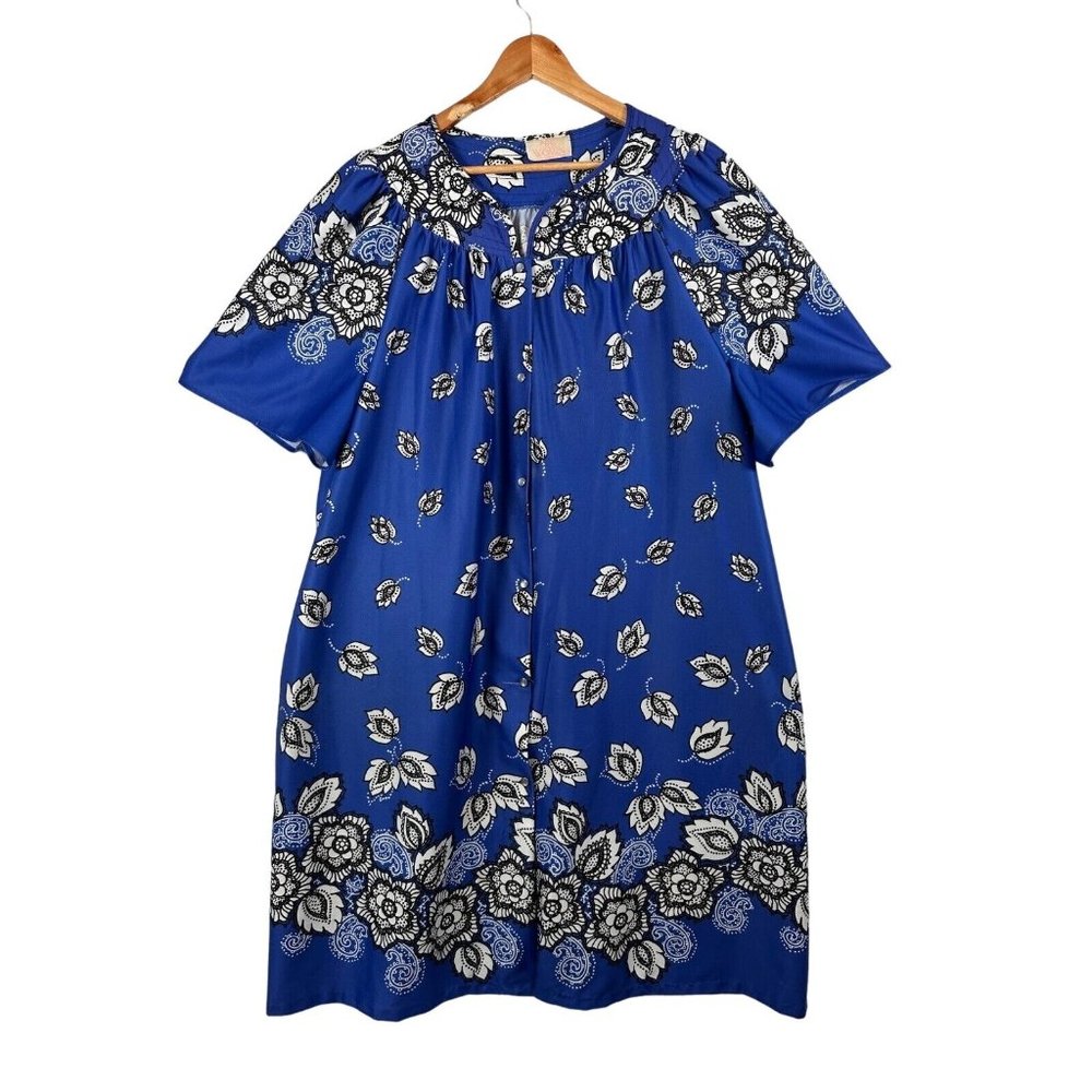 Just for Women MuuMuu House Dress Floral Snap Down‎ Blue Lounge Short Sleeve